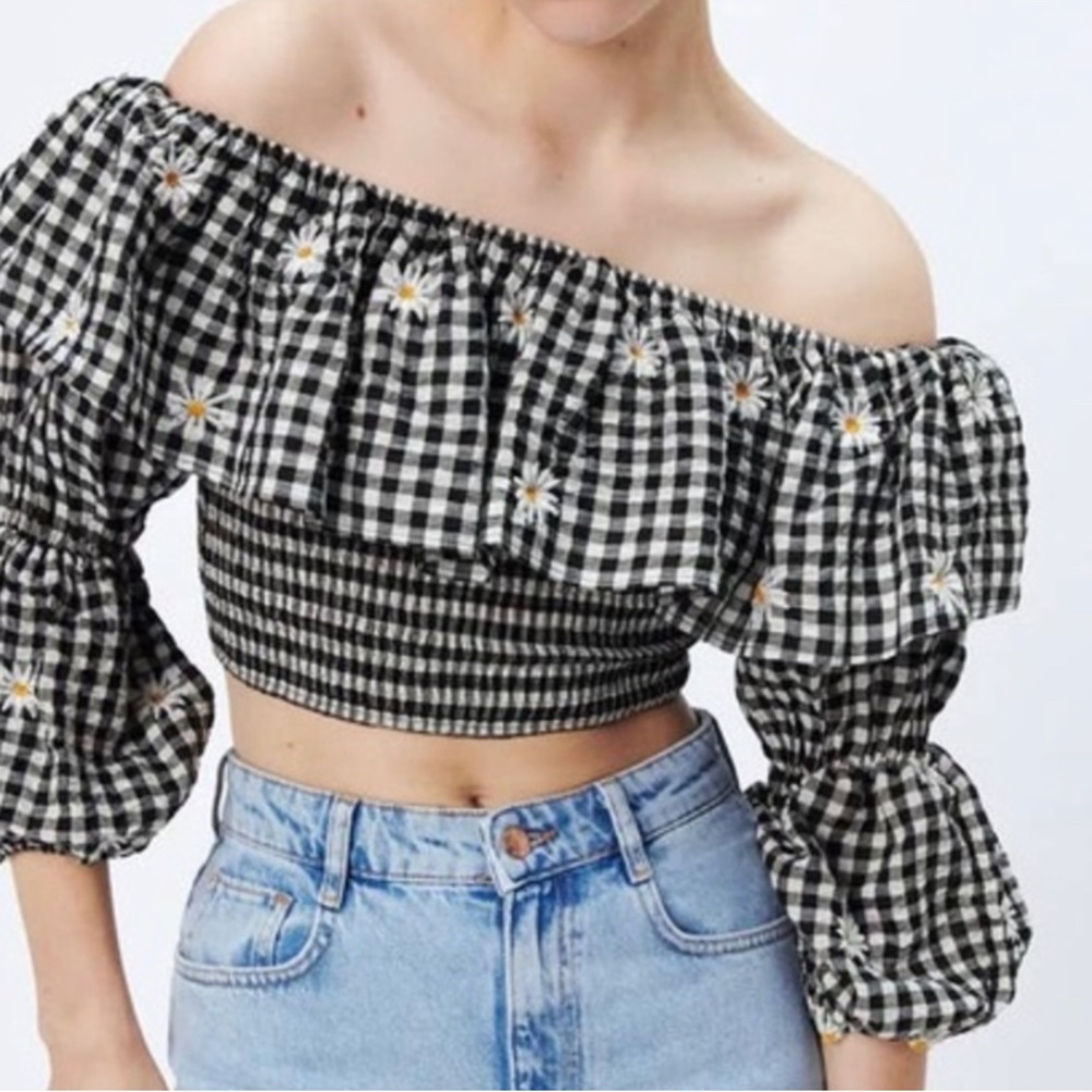 Zara Tops | Zara Gingham Floral Crop Top